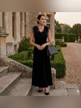 Jeffrey and Dara evenings by Tom Barra velvet maxi dress & faux fur feather trim